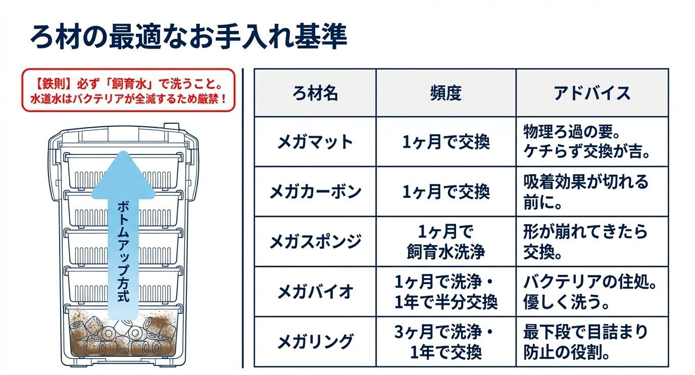 メガマット、メガカーボン、メガスポンジ、メガバイオ、メガリングの掃除頻度と交換時期を表で整理した図。
