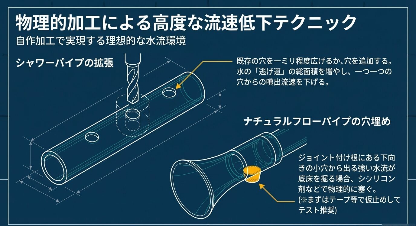 シャワーパイプの穴を広げる加工と、ナチュラルフローパイプ根元の下向き穴を塞ぐ加工を示した調整図