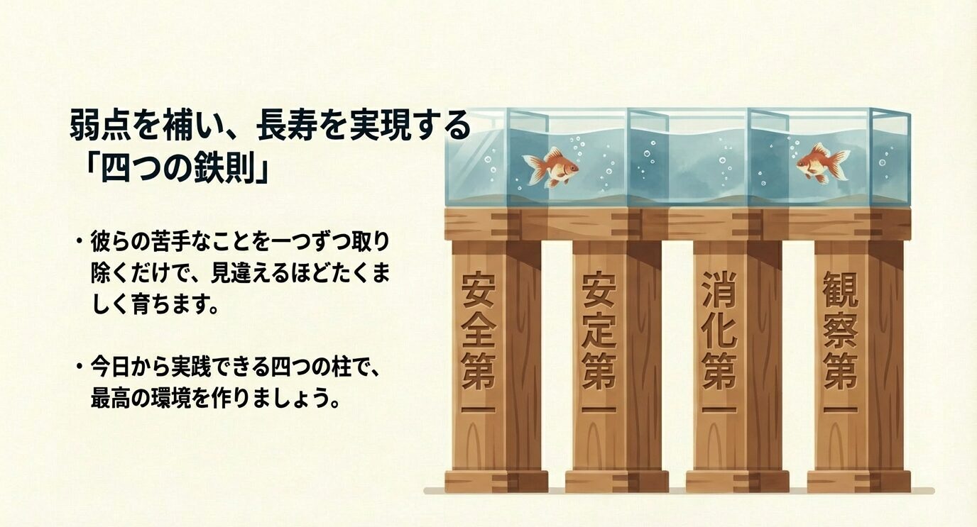 「弱点を補い長寿を実現する四つの鉄則」と、柱で示された“安全第一・安定第一・消化第一・観察第一”の概念図スライド