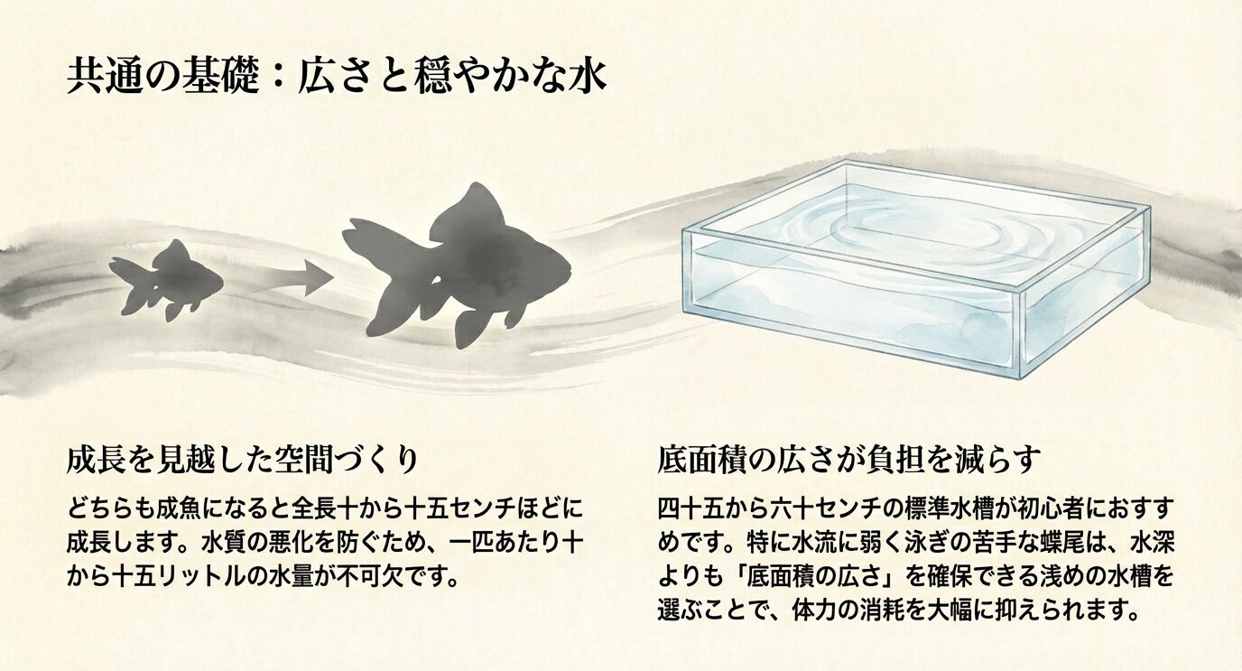 成魚は10〜15cm、1匹10〜15Lが目安。45〜60cm水槽など底面積の広い容器が負担を減らし、特に蝶尾は浅めで広い環境が向く。
