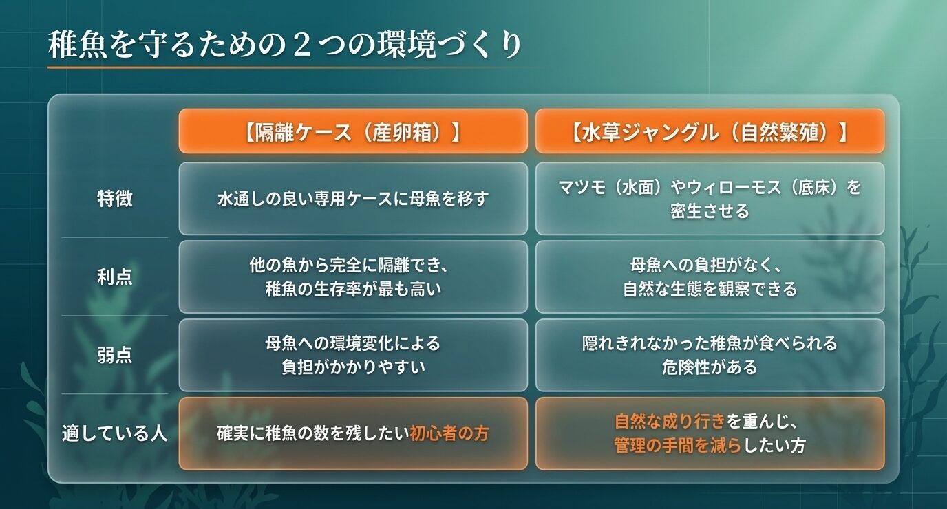 隔離ケースと水草ジャングル繁殖について、特徴、利点、弱点、向いている飼育者を比較した表形式のスライド