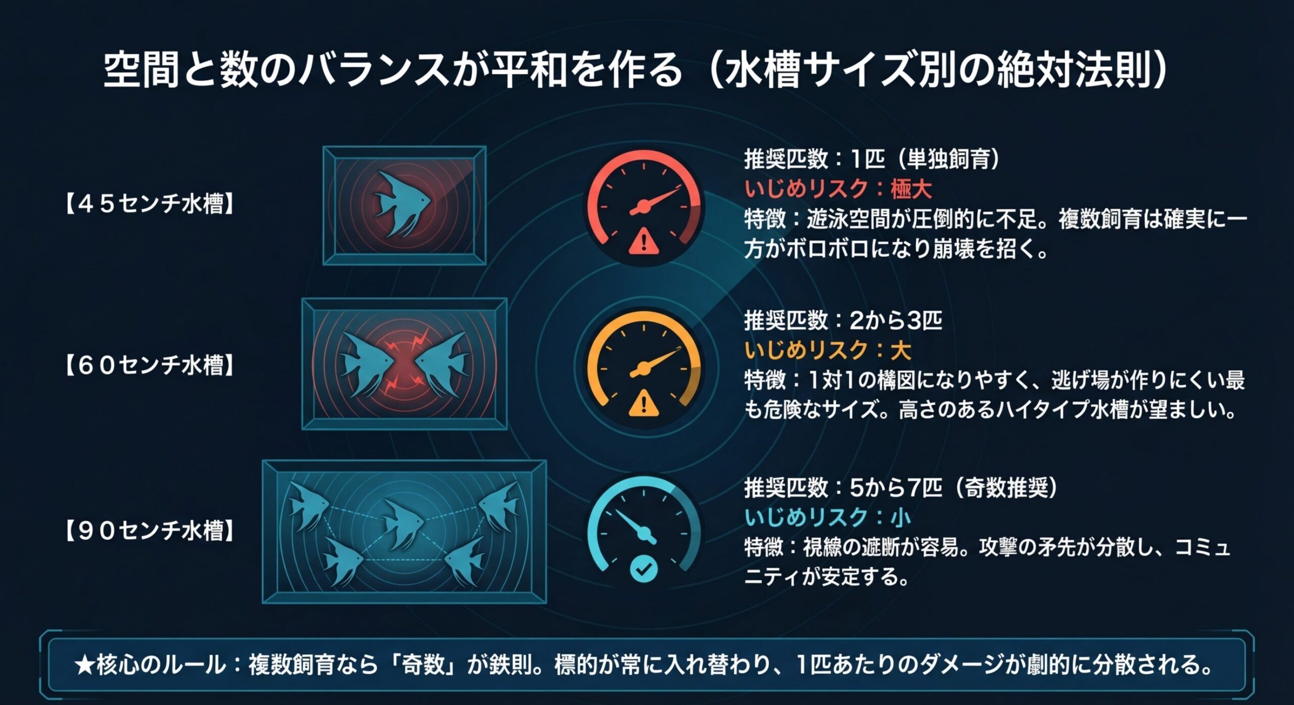 45cm、60cm、90cm水槽ごとの推奨匹数と、いじめリスクの高低を魚の配置とメーター表示で比較したスライド。