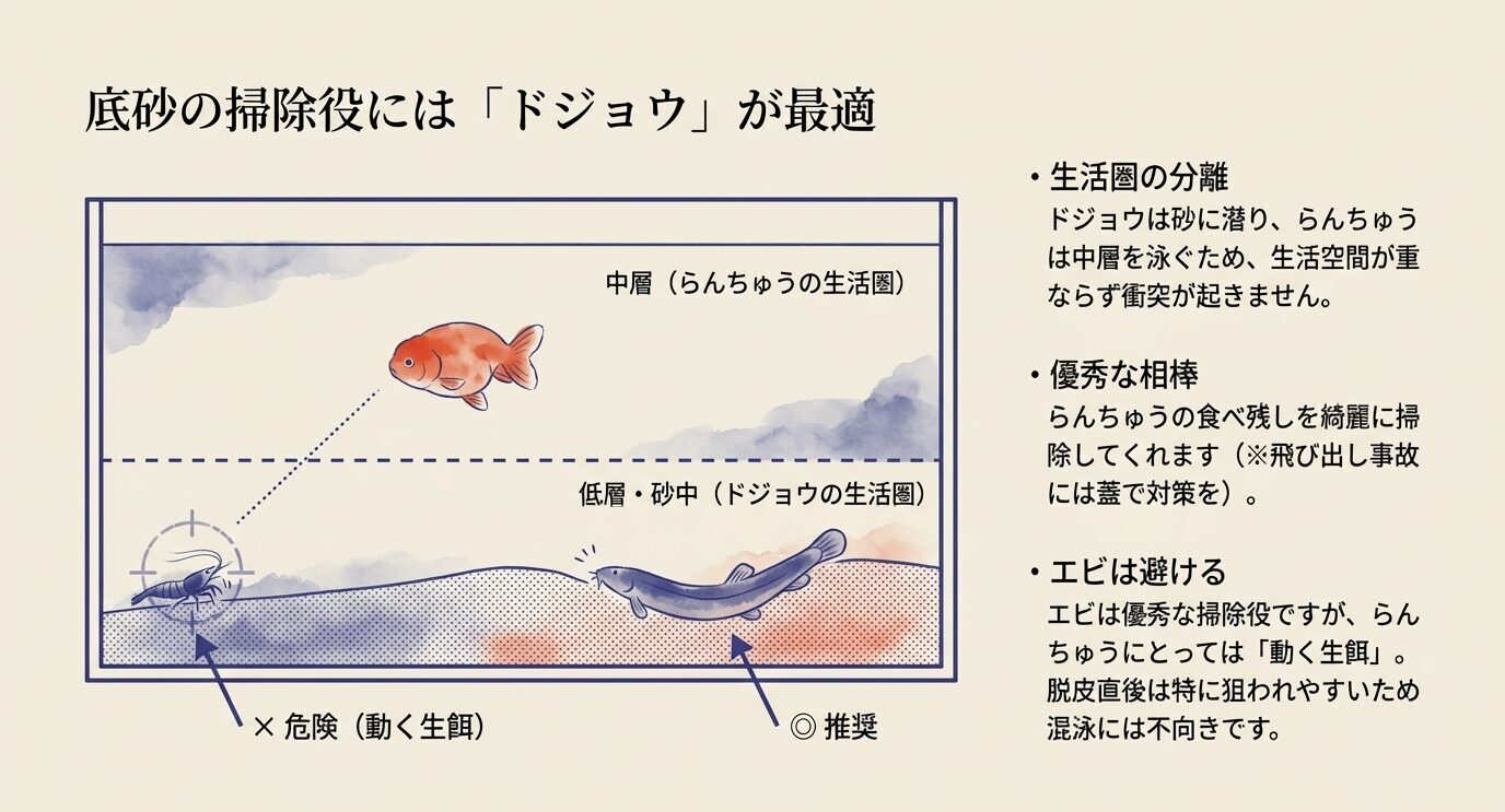 らんちゅうは中層、ドジョウは底砂で生活して衝突しにくい一方、エビは動く生餌になりやすいことを示した図。