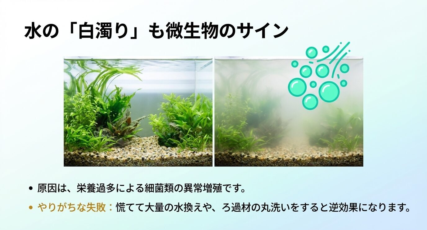 透明な水槽と白濁した水槽を比較し、白濁りは細菌類の異常増殖サインで、慌てた大量換水やろ材の丸洗いは逆効果だと示すスライド。