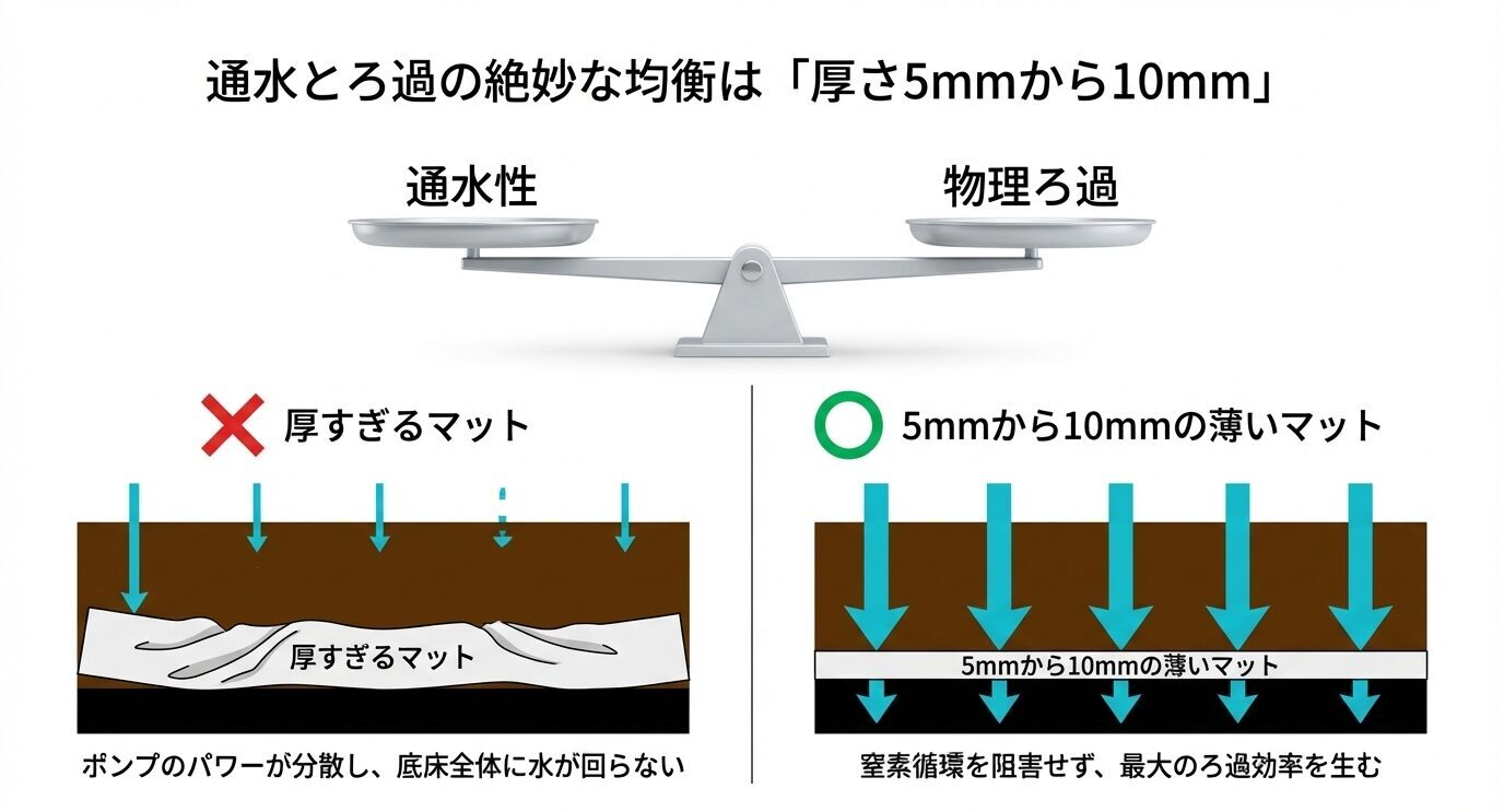 厚すぎるマットは通水性を落とし、5mmから10mmの薄いマットは通水と物理ろ過のバランスがよいことを示す図