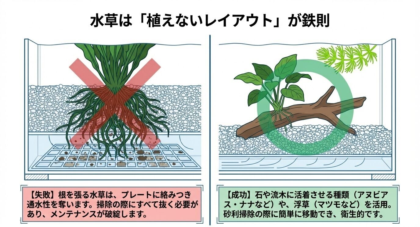 根を張る水草は底面プレートを詰まらせやすく不向きで、流木活着水草や浮草が適していることを比較したレイアウト図。