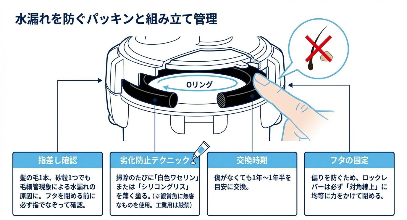 Oリングの確認方法、グリスやワセリンの塗布、交換時期、フタ固定時の注意点をまとめた図。