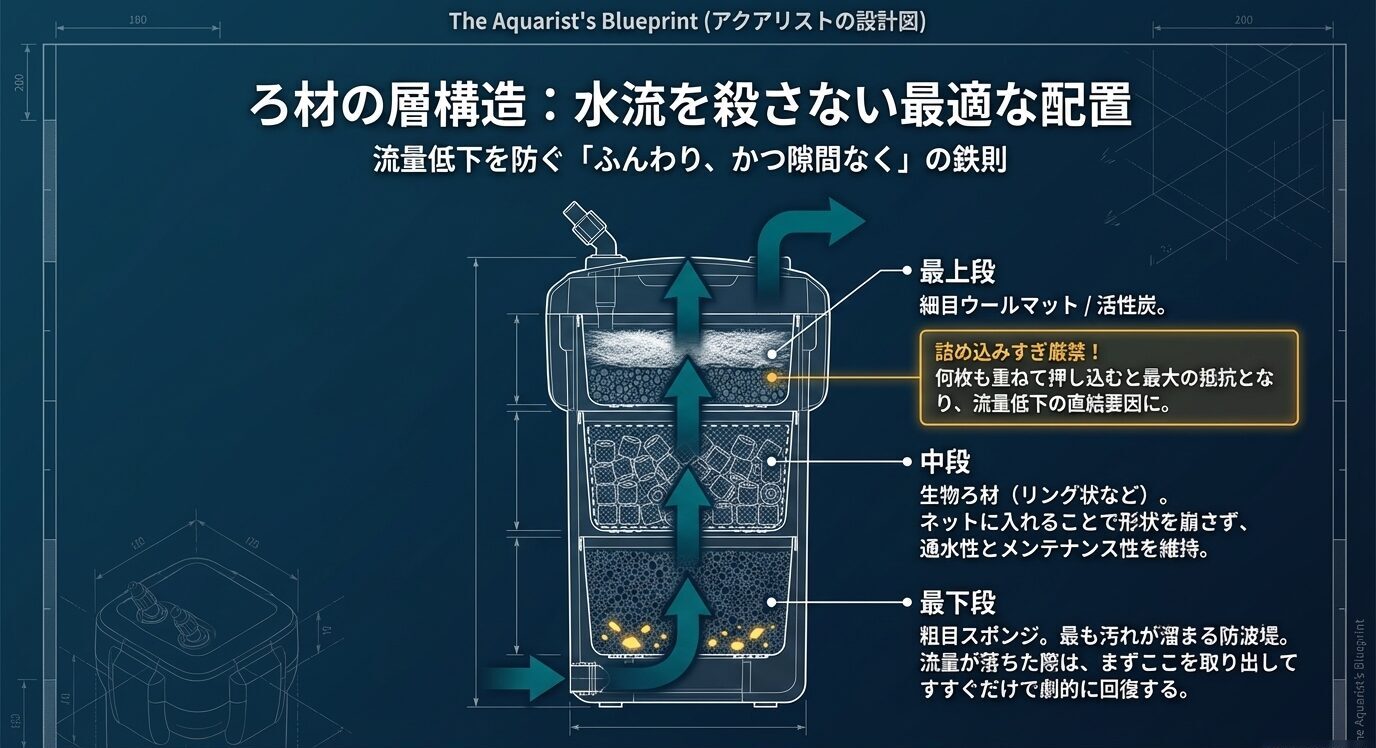 最下段の粗目スポンジ、中段の生物ろ材、最上段の細目ウールマットの順でろ材を配置し、詰め込みすぎを避ける構成図