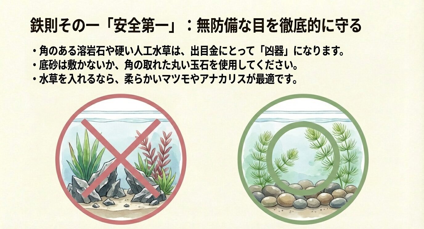 角のある石や硬い人工水草は危険、丸い石や柔らかい水草(マツモ・アナカリス)が安全、という比較を示すスライド