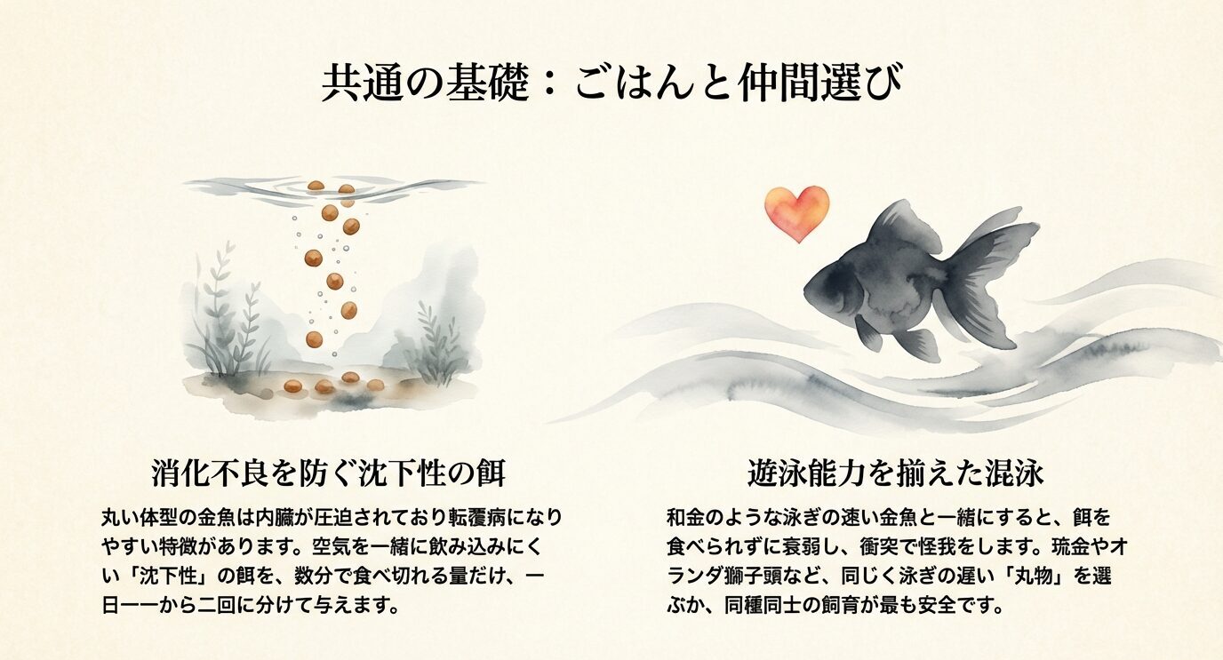 消化不良や転覆対策に沈下性の餌を少量ずつ。混泳は遊泳力が近い丸物同士が安全で、和金など速い金魚は餌負け・衝突の原因。
