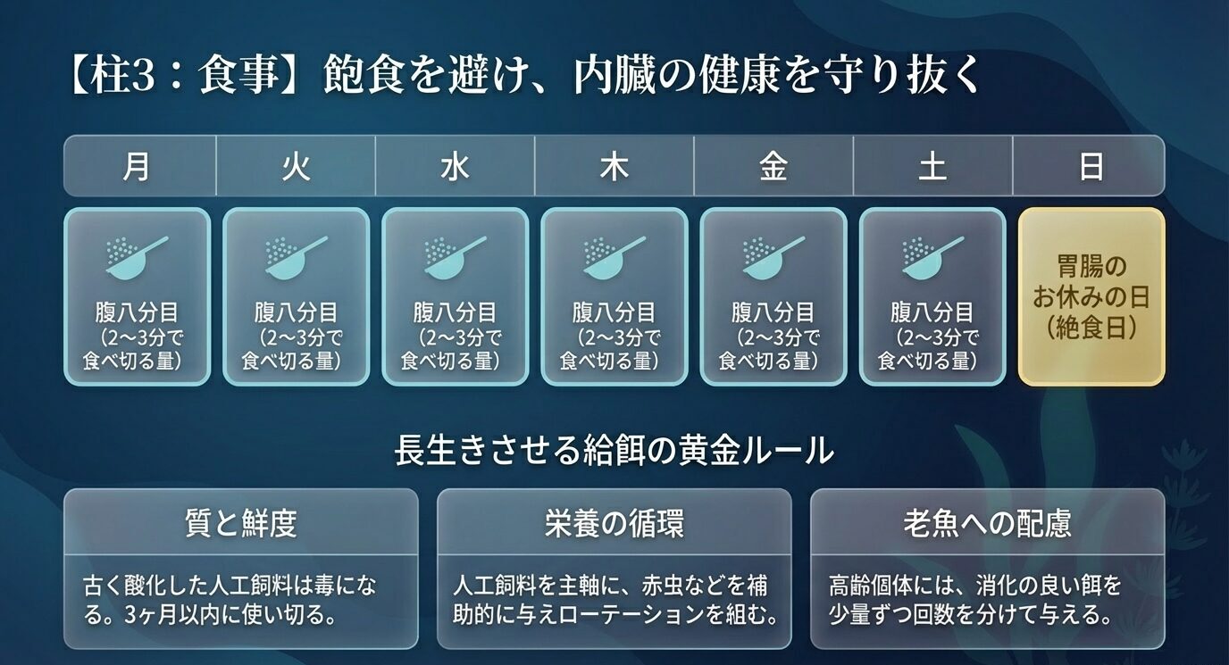 月曜から土曜までは腹八分目、日曜は絶食日の給餌スケジュールと、餌の質と鮮度、栄養のローテーション、高齢魚への配慮をまとめたスライド。