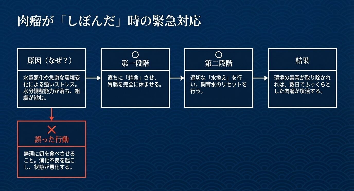 肉瘤がしぼむ原因から、『絶食』『水換え』という2段階対応、環境改善後に肉瘤が回復する流れを矢印で示したスライド。左下には誤った行動として『無理に餌を食べさせる』と赤枠で注意喚起がある。