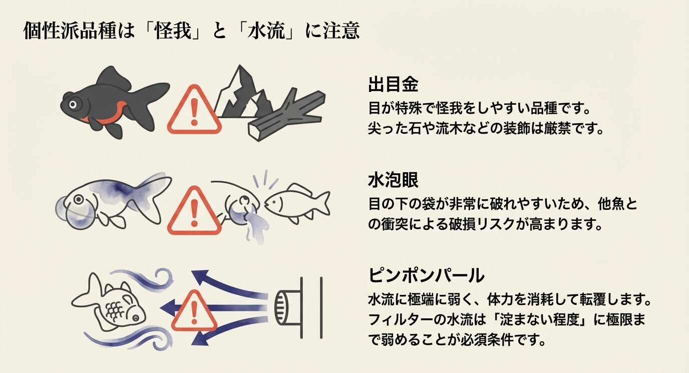 出目金・水泡眼・ピンポンパールなど個性派品種の注意点をまとめた図。怪我しやすさや水流への弱さを説明している。