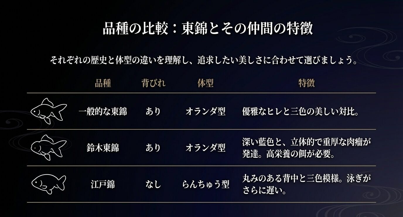 一般的な東錦、鈴木東錦、江戸錦の3種類について、背びれの有無、体型、特徴を表形式で比較したスライド。