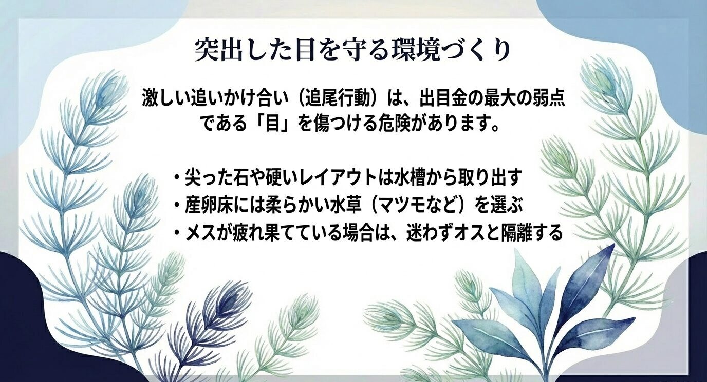追尾行動で出目金の目が傷つくリスクがあるため、尖った石や硬いレイアウトを外す、柔らかい水草(マツモ等)を選ぶ、メスが疲れたら隔離する、と提案するスライド
