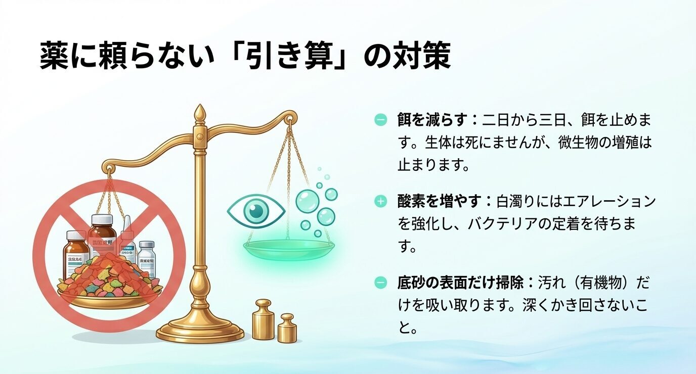 薬を否定するマークと天秤のイラストで、給餌停止、酸素供給、底砂表面の掃除という引き算の対策をまとめたスライド。