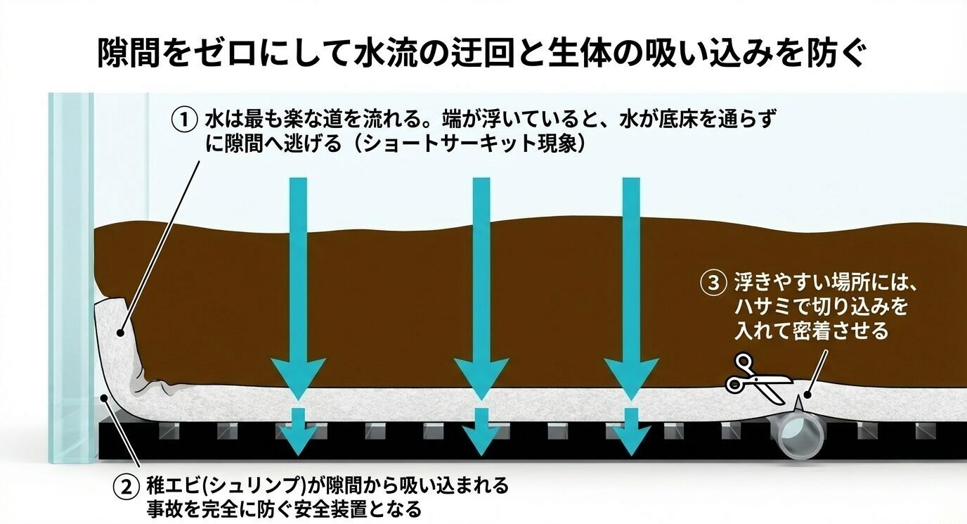 ウールマットの端を浮かせず密着させ、切り込みを入れて水流の迂回を防ぎ、稚エビの吸い込み事故も防ぐ設置方法の図
