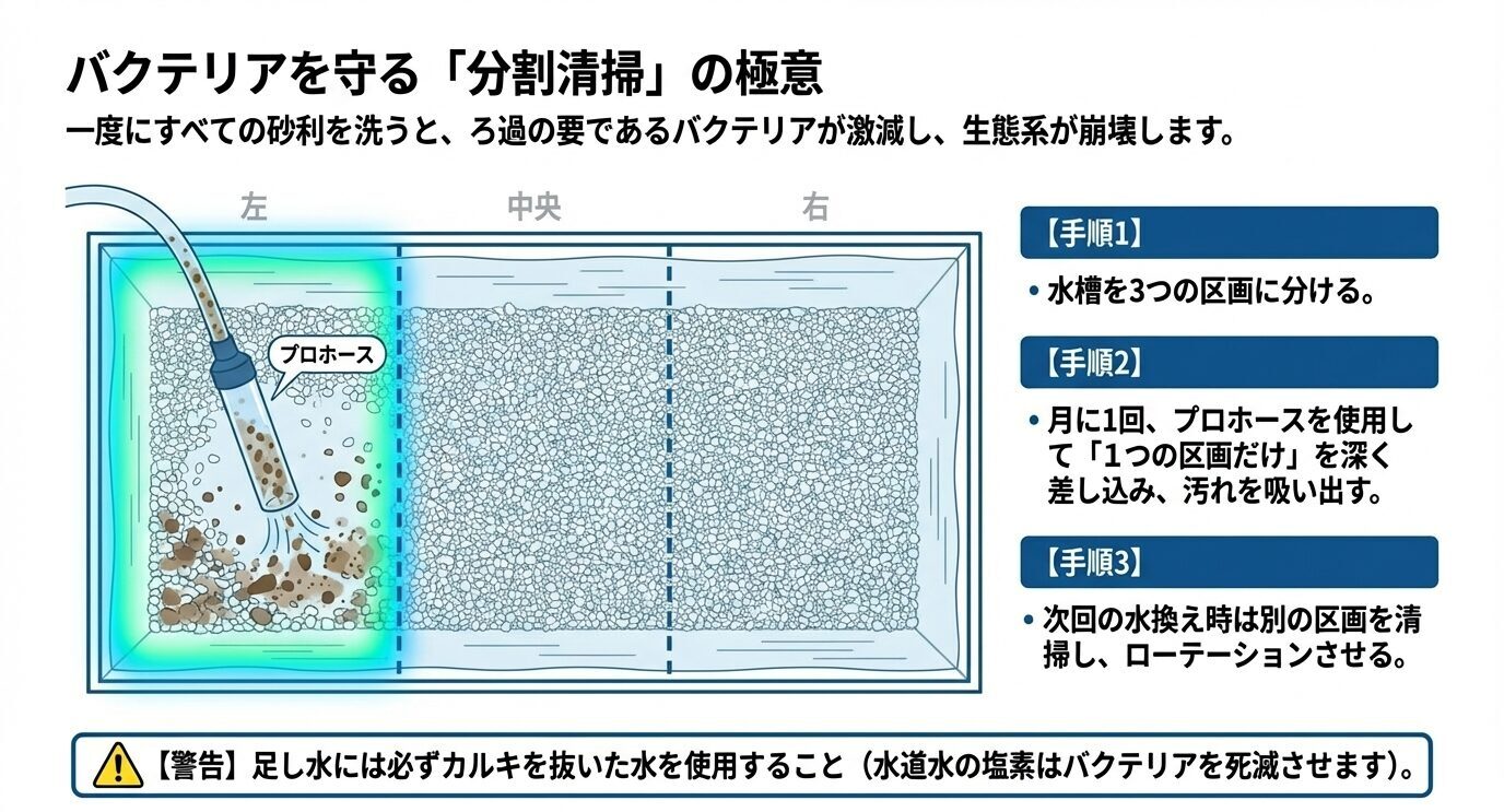 水槽を左・中央・右の3区画に分け、プロホースで一部ずつ掃除する分割清掃の流れと、カルキ抜きの注意点を示した図。