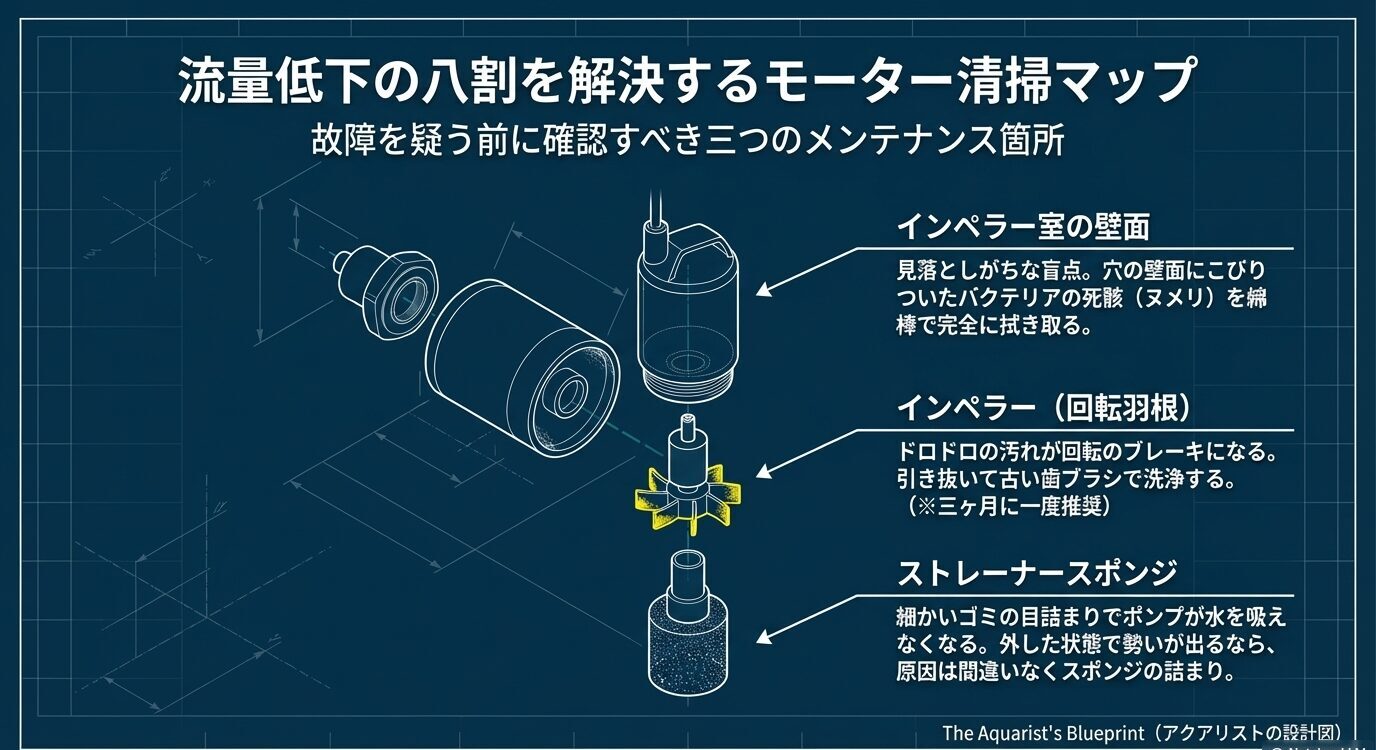 インペラー室の壁面、インペラー本体、ストレーナースポンジの3か所を、流量低下時に優先して掃除すべき場所として示した分解図