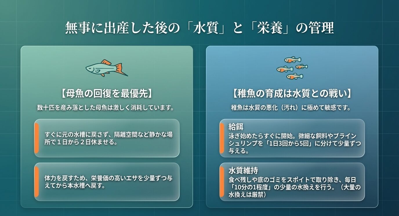 出産後の母魚の休養と回復、稚魚の給餌回数、水質維持のポイントを左右2カラムで整理した管理スライド