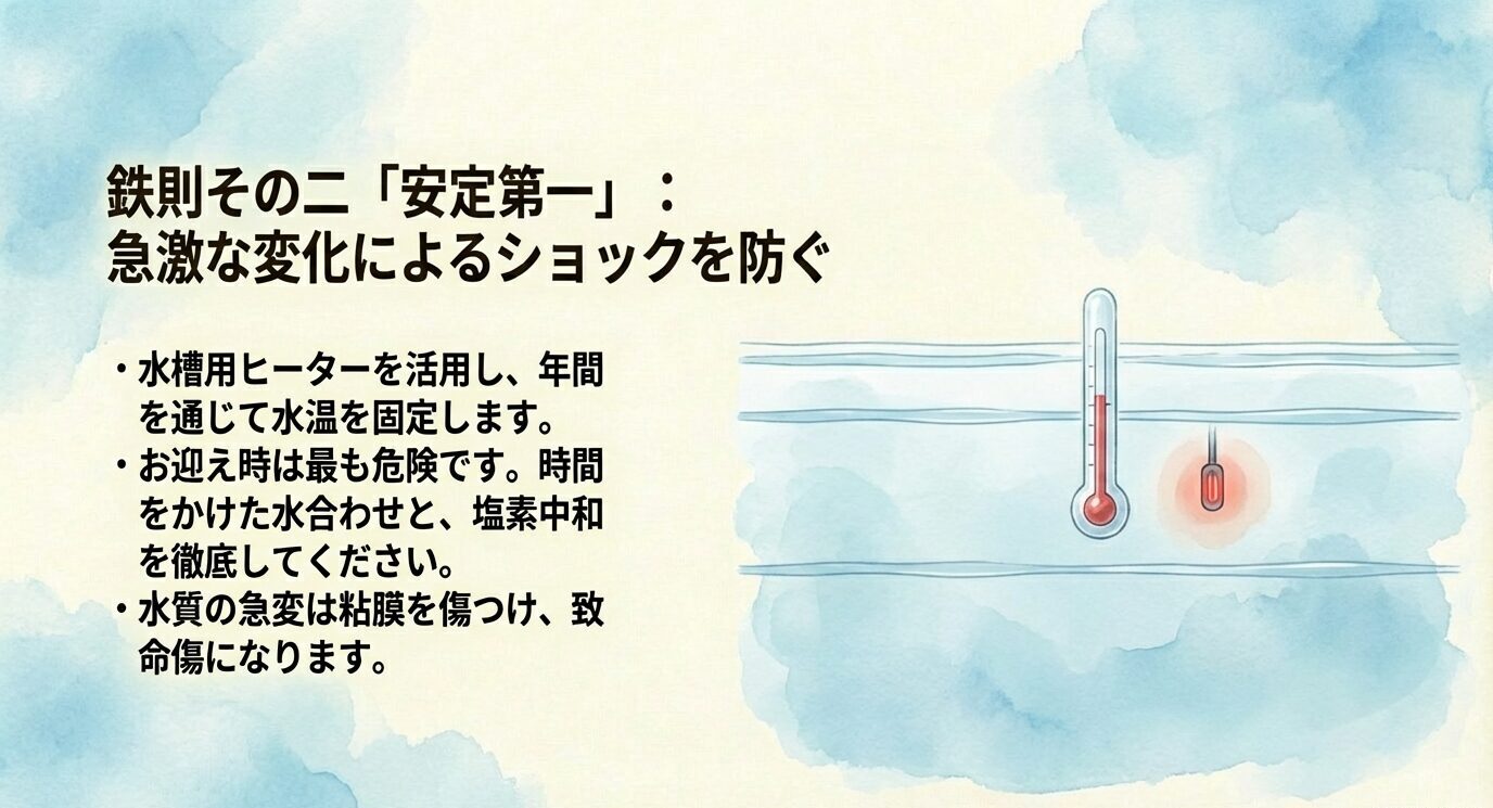 ヒーターで水温を固定し、導入時は時間をかけた水合わせと塩素中和を徹底、水質急変は粘膜を傷つけ致命傷になると示すスライド