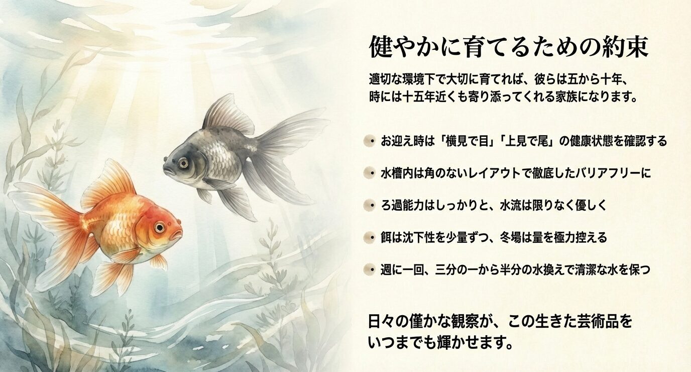 お迎え時の観察(目は横見・尾は上見)、バリアフリー、水流は優しく、餌は沈下性、週1で1/3〜1/2換水などの重要ポイントを箇条書きで整理。