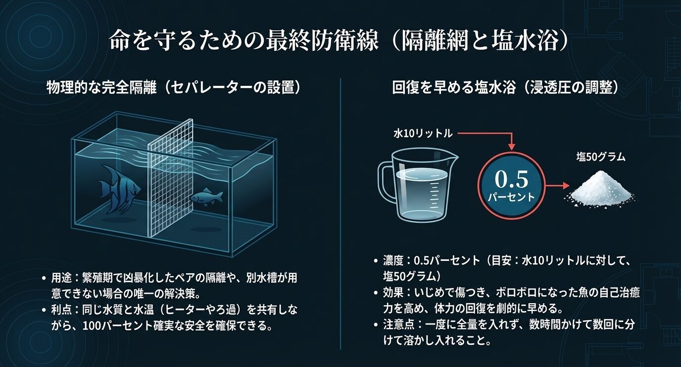 セパレーターで魚を物理的に隔離する方法と、0.5パーセント塩水浴の目安である水10リットルに塩50グラムを並べて示したスライド。