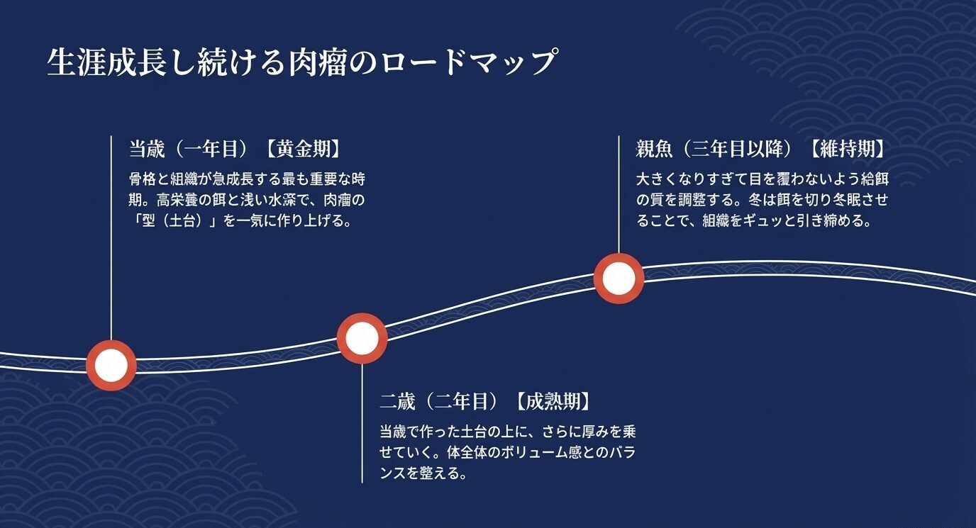 当歳一年目の黄金期、二歳二年目の成熟期、親魚三年目以降の維持期という3段階で、肉瘤の成長と管理方針を曲線状のロードマップで示したスライド。