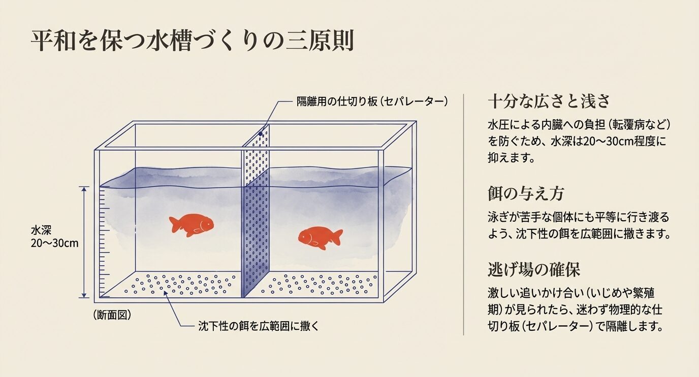 平和な水槽づくりの三原則を示す図。水深20〜30cm、沈下性の餌を広く撒く、セパレーターで隔離するという管理ポイントをまとめている。