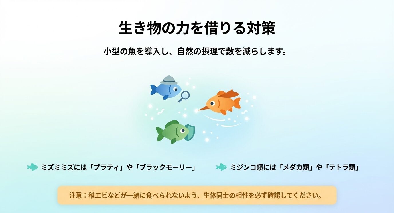 小型魚のイラストとともに、ミズミミズやミジンコ類を自然に減らす生物兵器と、生体相性に注意すべきことを示すスライド。