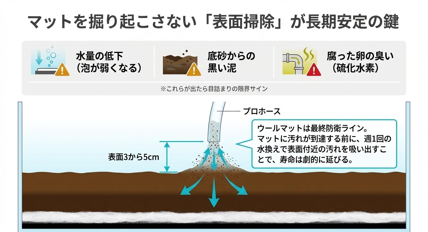 プロホースで底床表面から約5cmの汚れを吸い出し、流量低下、黒い泥、腐った卵の臭いを目詰まりのサインとして示した図