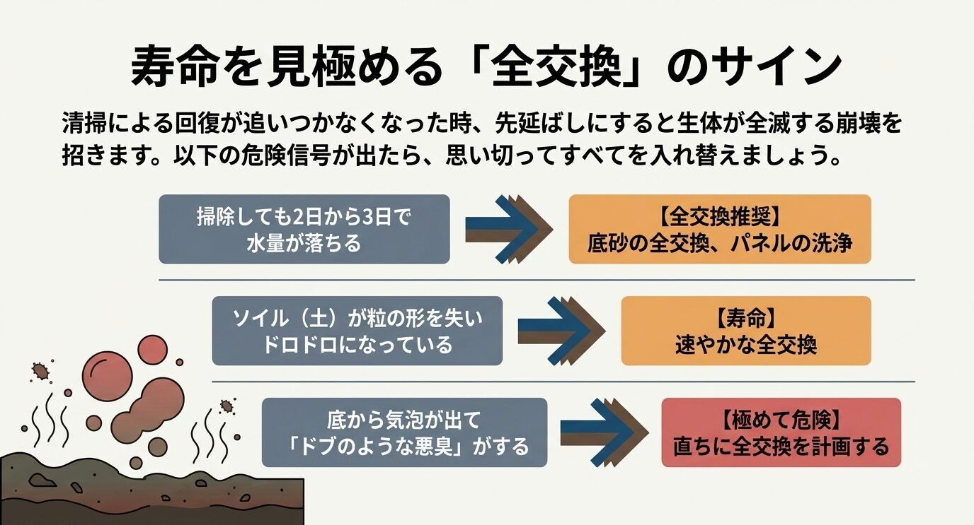 掃除しても流量が戻らない、ソイルが崩れる、悪臭のある気泡が出るなど、底床の全交換を判断する目安をまとめた図。