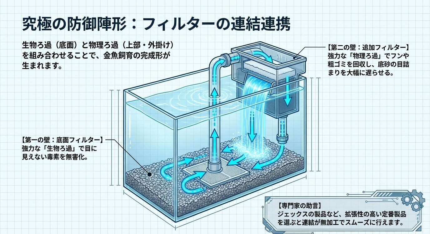 底面フィルターと上部または外掛けフィルターを連結し、生物ろ過と物理ろ過を組み合わせる仕組みを示した配管図。
