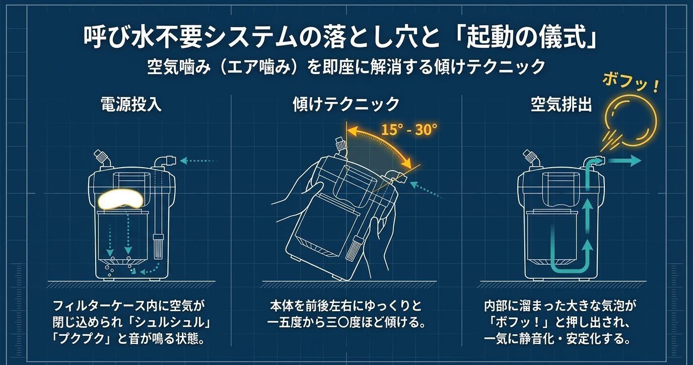 電源投入後に本体を前後左右へ15〜30度ほど傾け、内部の大きな気泡を排水口から抜く手順を3段階で示した図