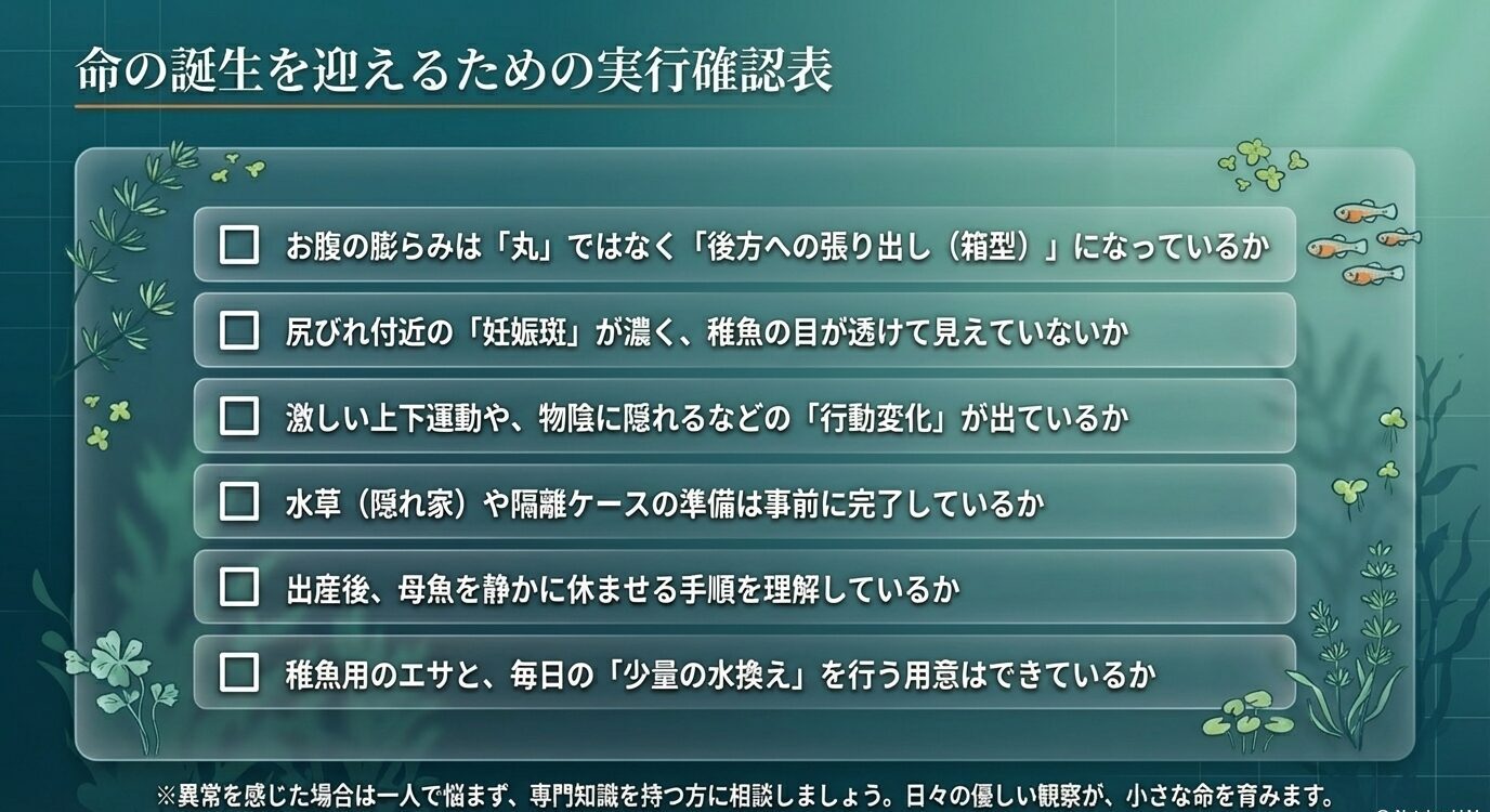 お腹の箱型、妊娠斑、行動変化、隔離準備、母魚の休養、稚魚の給餌と少量換水などの確認項目を並べた最終チェックリストスライド