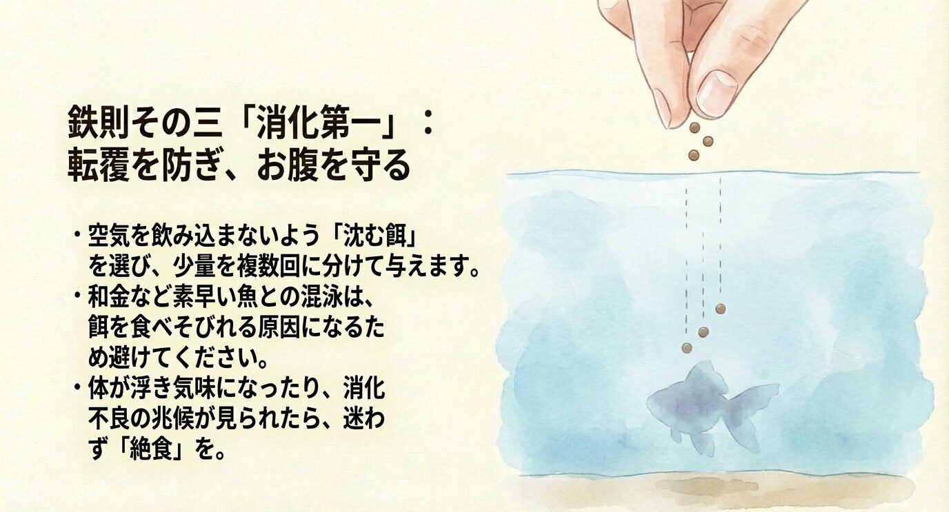 沈下性の餌を少量ずつ複数回、素早い魚との混泳は避け、浮き気味や消化不良の兆候があれば絶食、という方針を示すスライド