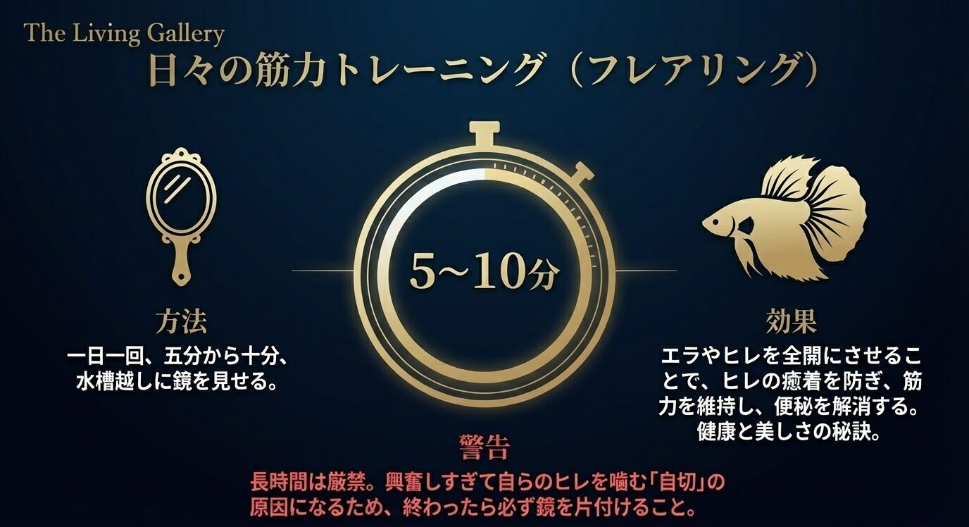 鏡を使ったフレアリングを1日1回5〜10分行う方法と、ヒレの癒着防止や自切防止の注意点を示した図
