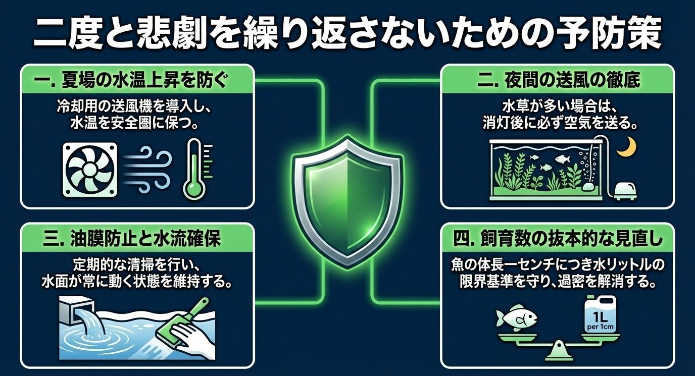 夏場の水温上昇対策、夜間の送風、油膜防止と水流維持、飼育数の見直しという4つの予防策をまとめた図