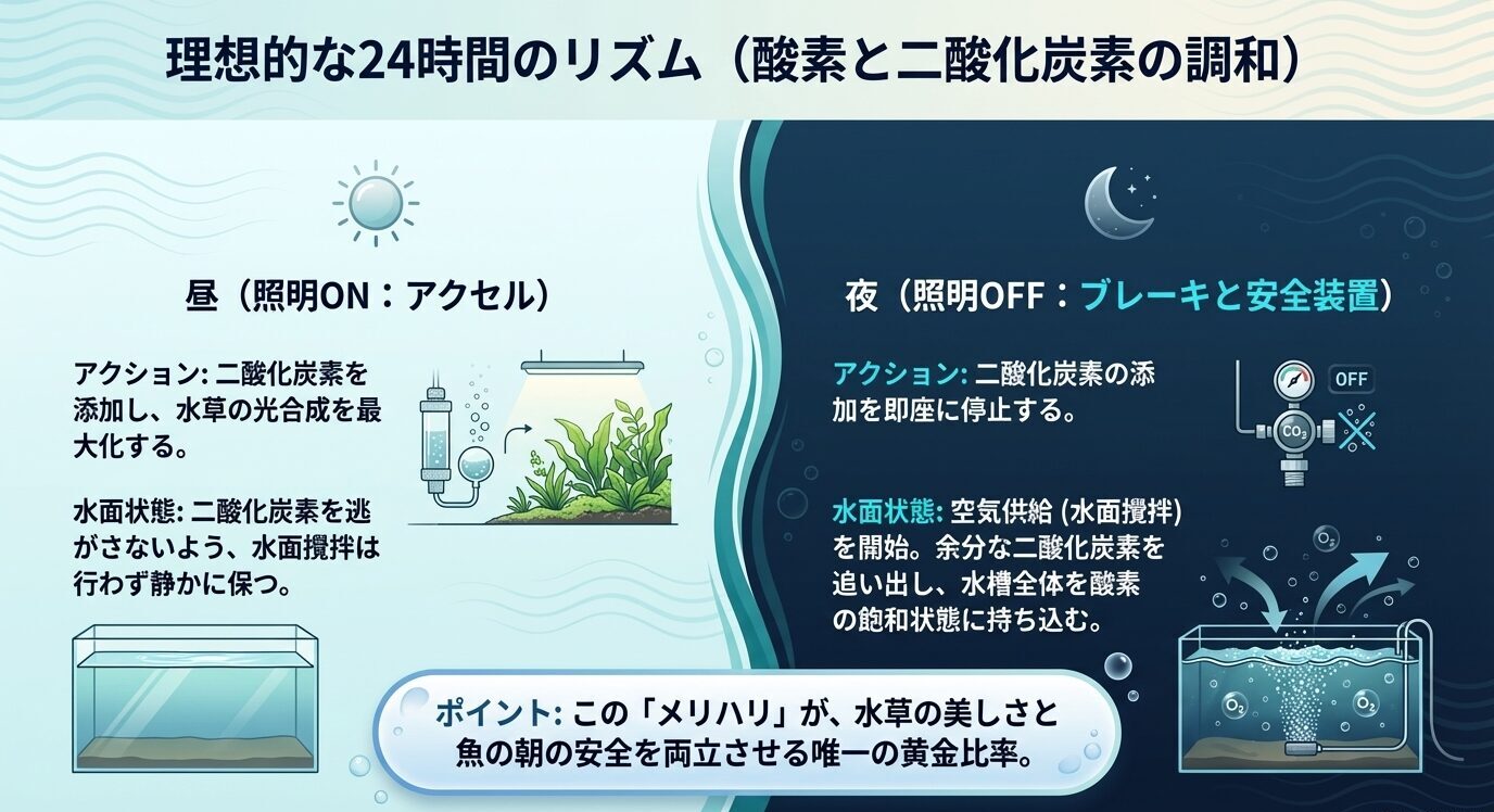 昼はCO2添加、夜はエアレーションへ切り替える24時間管理の流れを示した図