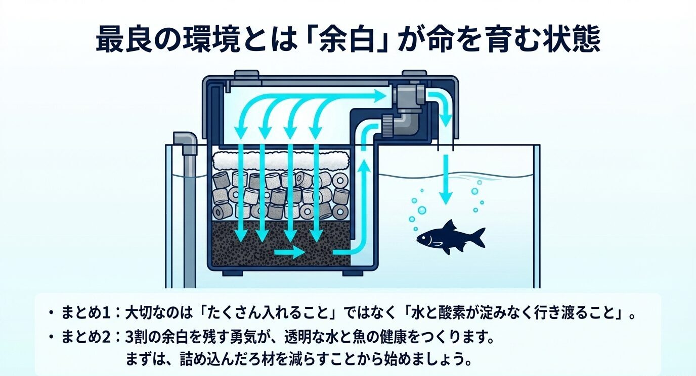 上部フィルター内を水と酸素がスムーズに通過する模式図と、3割の余白を残すことが透明な水と魚の健康につながるという要点をまとめた図。