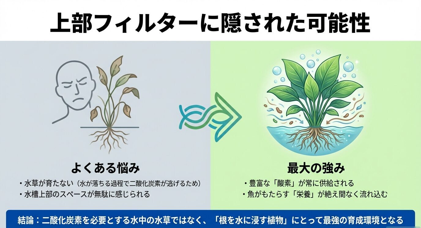 上部フィルターで水草が育ちにくい悩みと、酸素と栄養が豊富で観葉植物に向く強みを対比した図
