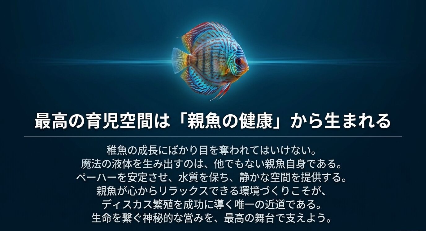 暗い背景にディスカス1匹と、「最高の育児空間は親魚の健康から生まれる」というメッセージが大きく表示された締めのスライド。