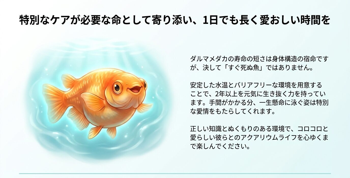 水中を泳ぐ丸いダルマメダカと、安定した水温やバリアフリーな環境で1日でも長く愛おしい時間を過ごすことを伝える締めの画像