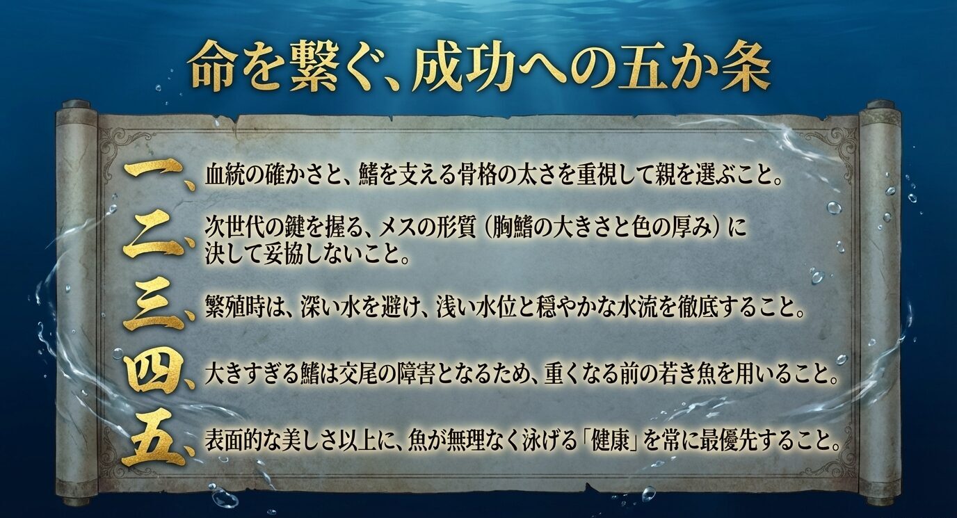 親選び、メスの質、浅い水位、若魚の起用、健康優先というダンボ繁殖の重要ポイントを五か条としてまとめた総括スライド