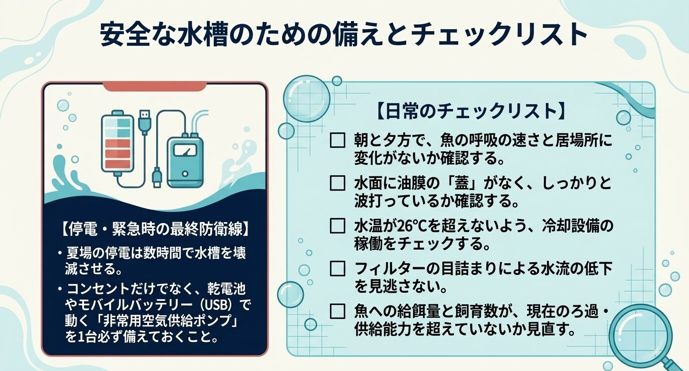 非常用エアポンプの備えと、呼吸・油膜・水温・水流・過密を確認する日常チェック項目をまとめた図