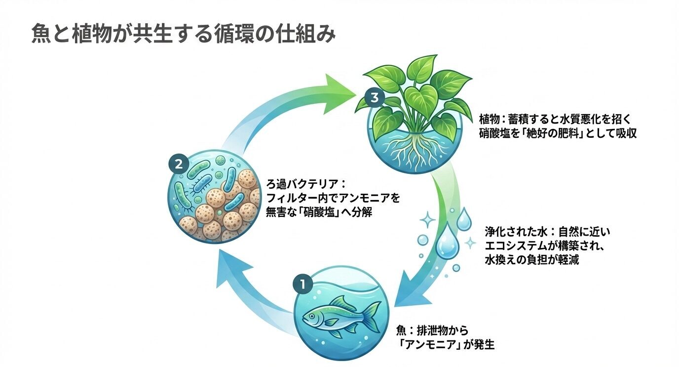 魚の排泄物がアンモニアとなり、ろ過バクテリアが硝酸塩に分解し、植物が吸収して水が浄化される流れを示した循環図