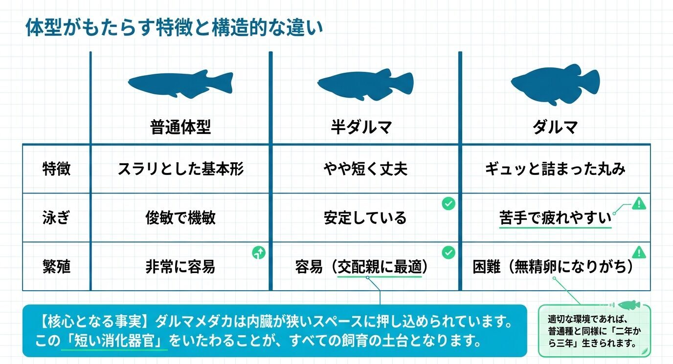 普通体型、半ダルマ、ダルマメダカの特徴・泳ぎ・繁殖のしやすさを比較した表
