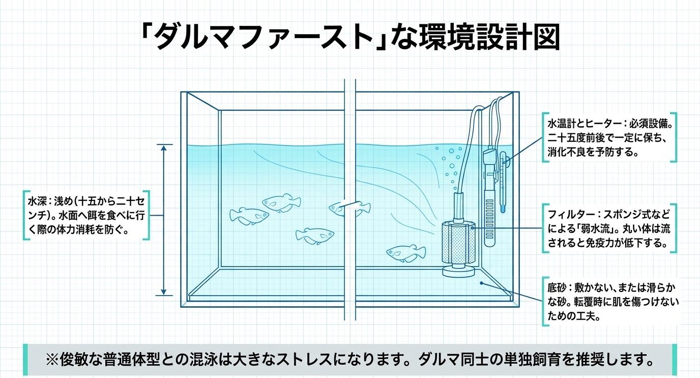 浅い水深、ヒーター、弱水流フィルター、滑らかな底砂を備えたダルマメダカ向け水槽環境の図