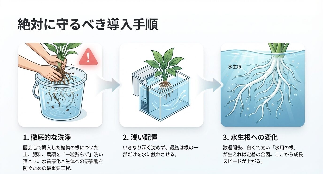 植物の根を洗浄し、浅く配置し、水生根へ切り替わるまで待つ手順を3段階で示した図