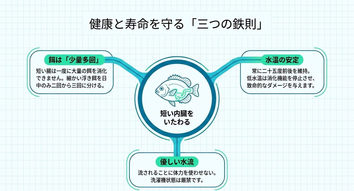 ダルマメダカの健康管理で重要な少量多回の餌、水温の安定、優しい水流を示した図